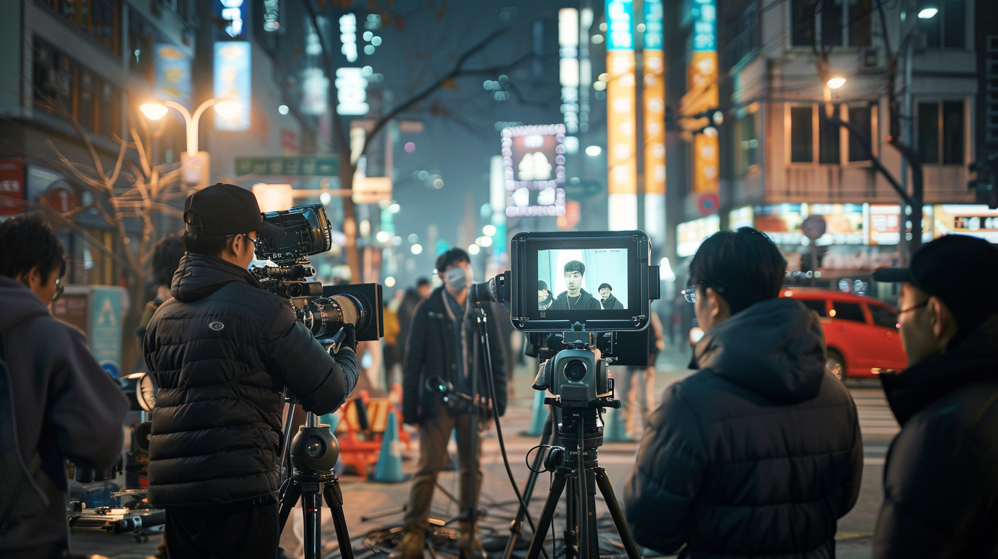 서울 도심 거리에서 영화 촬영 중인 영화팀