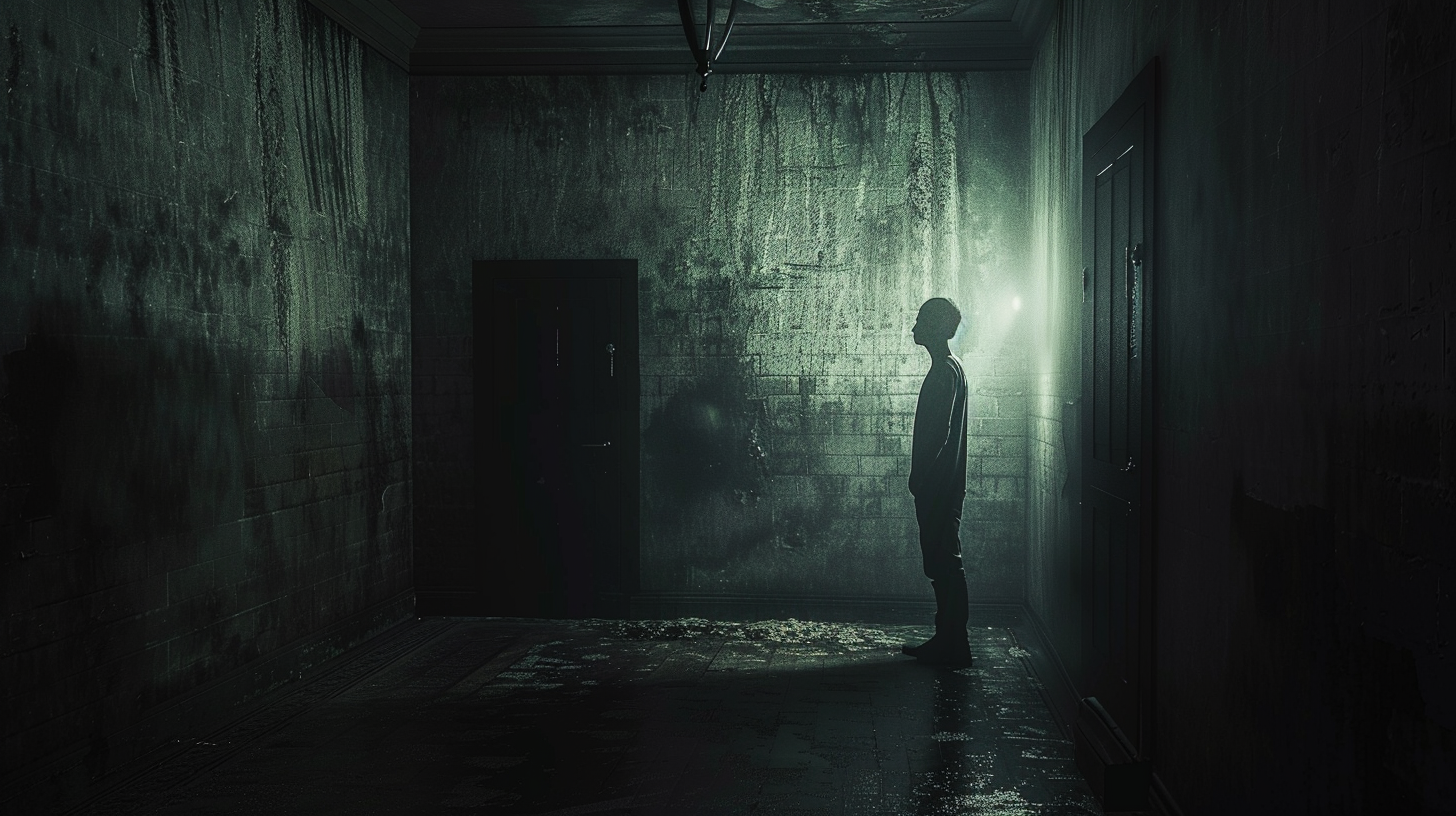 어두운 공간 속 침묵에 긴장하는 인물의 모습