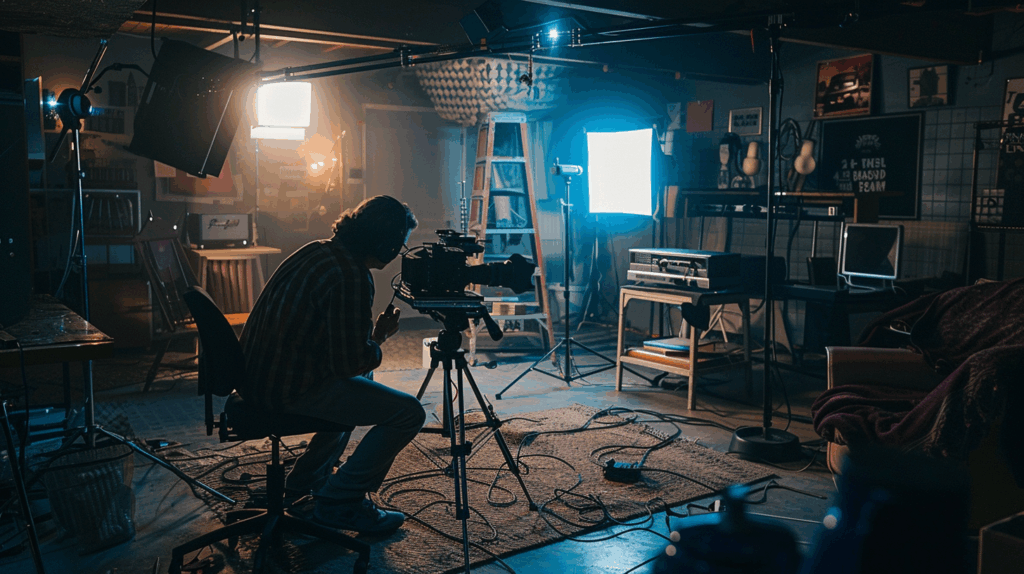 작은 세트에서 영화를 촬영하는 독립 감독의 모습