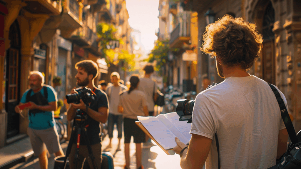 유럽 거리에서 촬영지를 답사하는 로케이션 팀