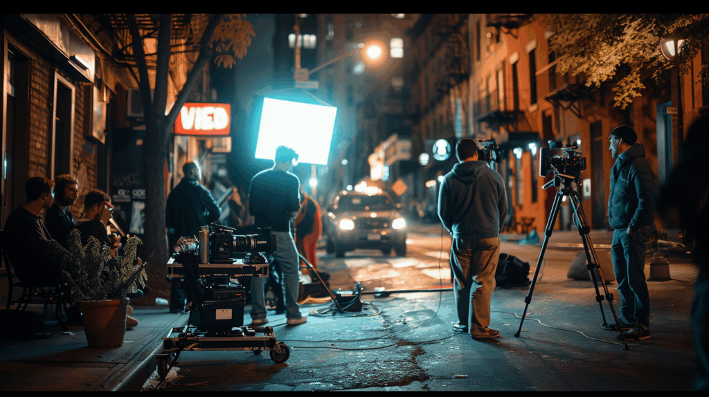 소규모 촬영팀이 도심 거리에서 저예산 영화를 촬영 중인 장면