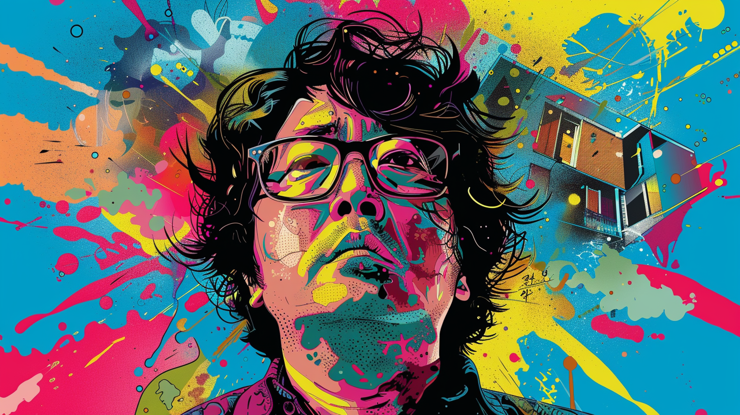 “봉준호 감독 얼굴과 기생충 저택이 배경으로 등장하는 빈티지 팝아트 포스터”