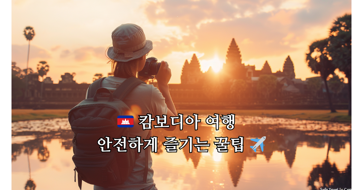 캄보디아 여행을 안전하게 즐기는 방법, 앙코르와트 일출 풍경과 여행자가 미소 짓는 따뜻한 여행 썸네일 이미지